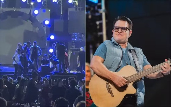 Marrone cai do palco durante show em Goiânia, Goiás 