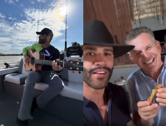 Gusttavo Lima ao lado de Mauro Mendes e Ronaldo Caiado durante pescaria no Pantanal, em passeio compartilhado nas redes sociais.